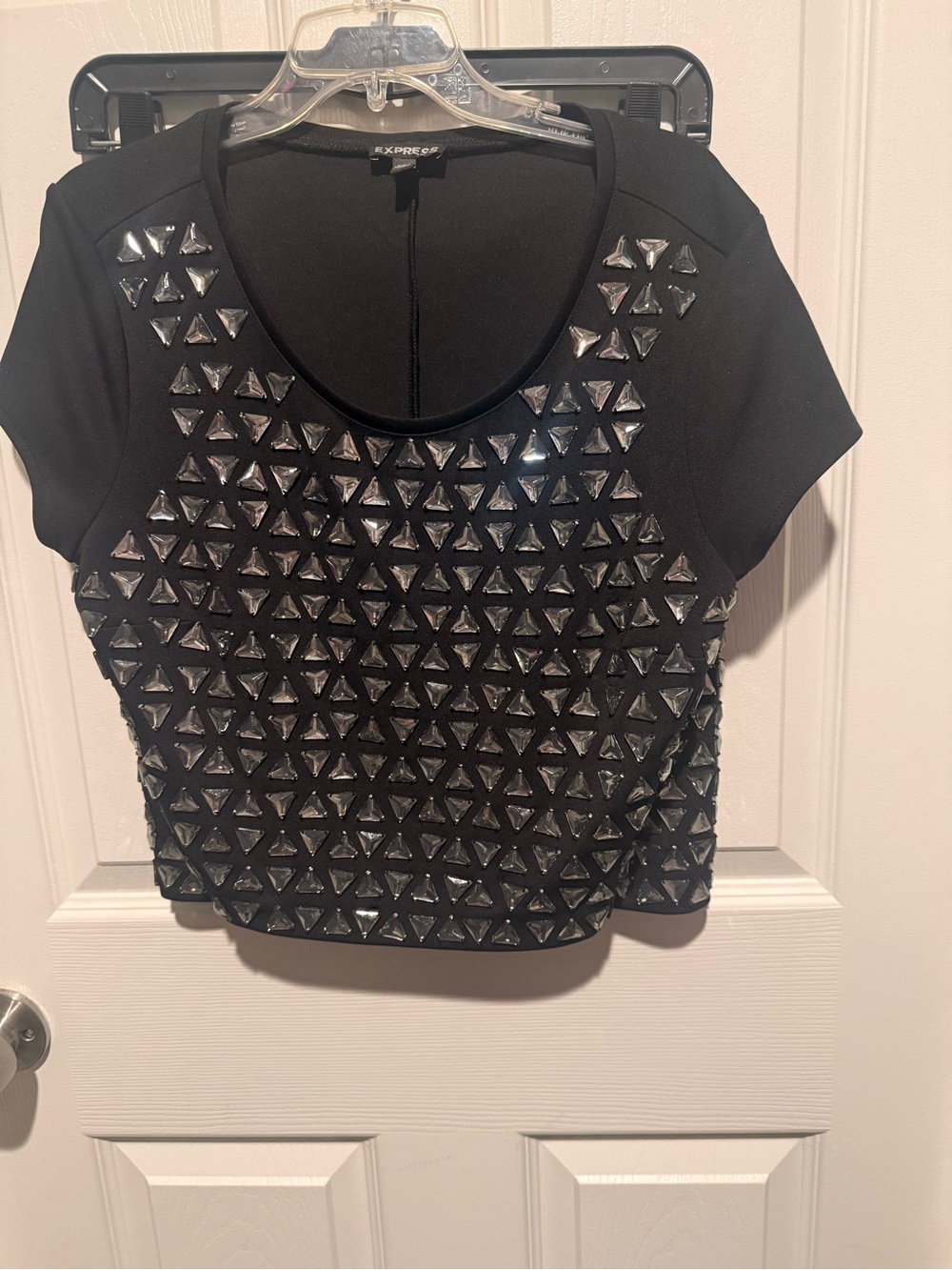 Express Black Short Sleeve Crop Top with Silver Pyramid Studs